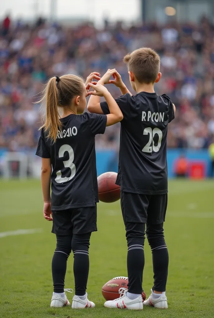 A girl in the audience is seen making a heart shape with her hands while holding a football under her feet on a football field. The boy is wearing white football shoes and a matching black jersey and pants. The boy is thirty years old. The back of his jers...