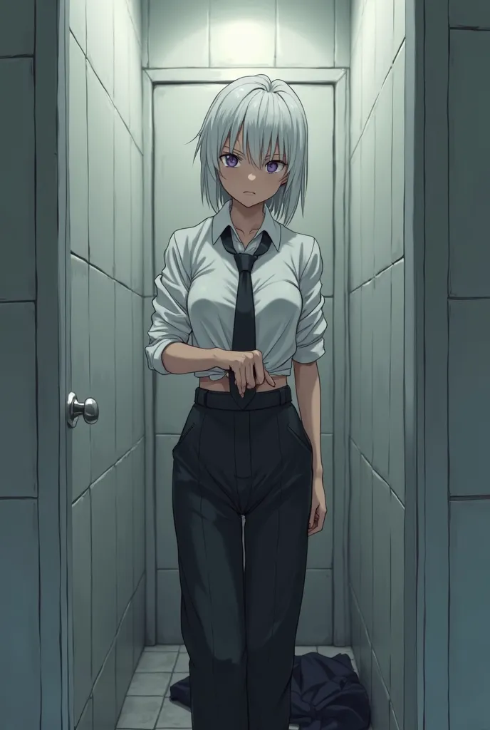 In a bathroom. Anime Girl with an . Taking off (not fully) her white shirt with tie. On ground is black jacket. She wearing black long or oversized pants. She staring at us with rage and angry cuz we stalking her. And she have white hair