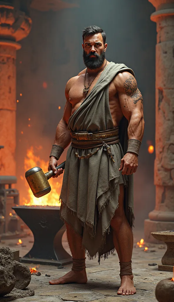 HYPERREALISTIC 3D , 9:16. Hefesto, a young man with tanned skin and sturdy muscles but with a broken leg formed, is standing in his forge.  His face shows determination,  with bushy eyebrows, strong jaw and a short, disheveled beard. He wears a thick and w...