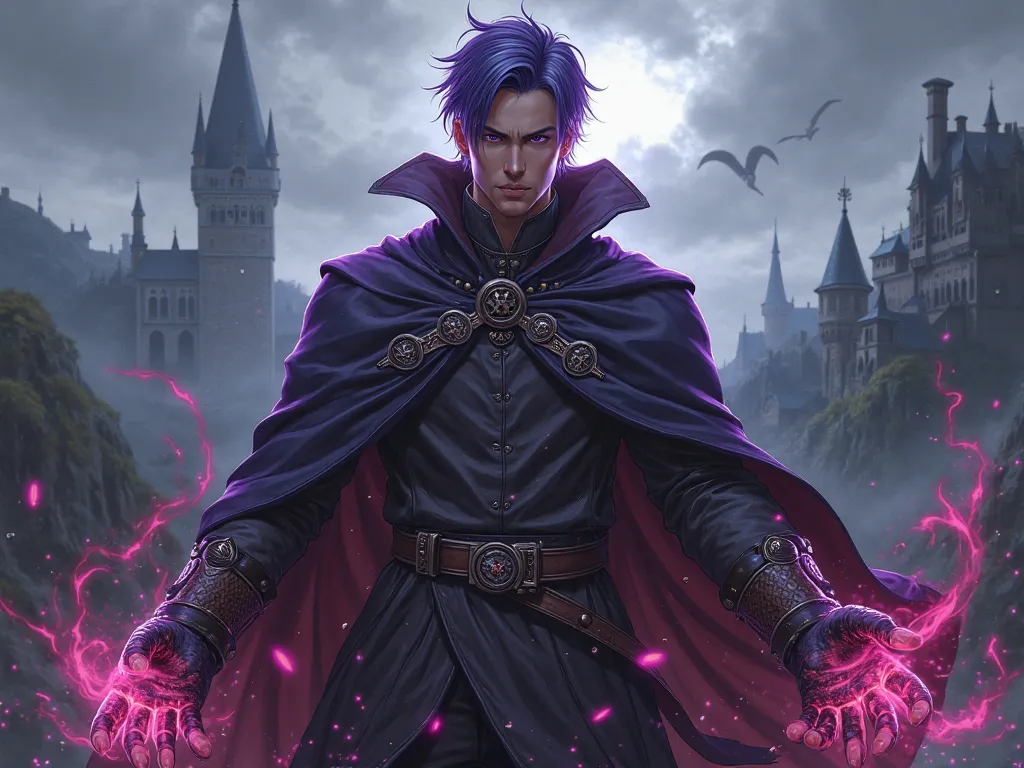 Face Short Hair Villain Purple-haired Man Magical Powers Realistic Medieval Anime Style 