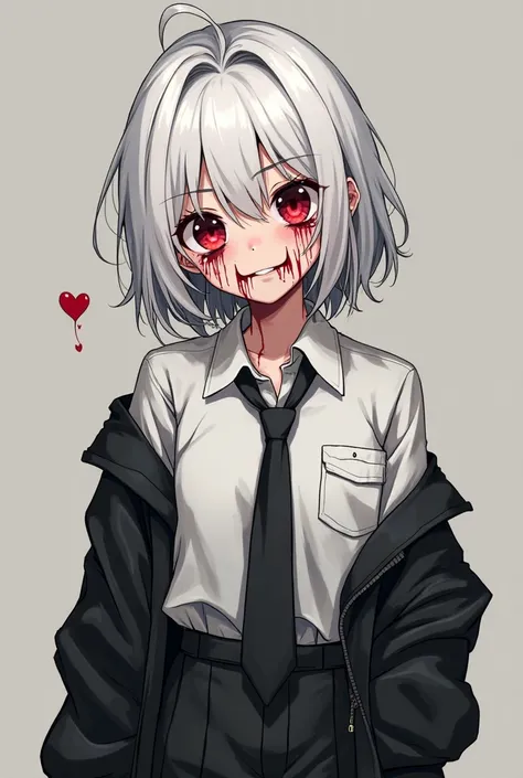 An young anime girl. With white hair. Wearing black tie, white shirt, black jacket, black long oversized pants. She's smirking. Her face fully in blood. And draw a cute heart  next to her face