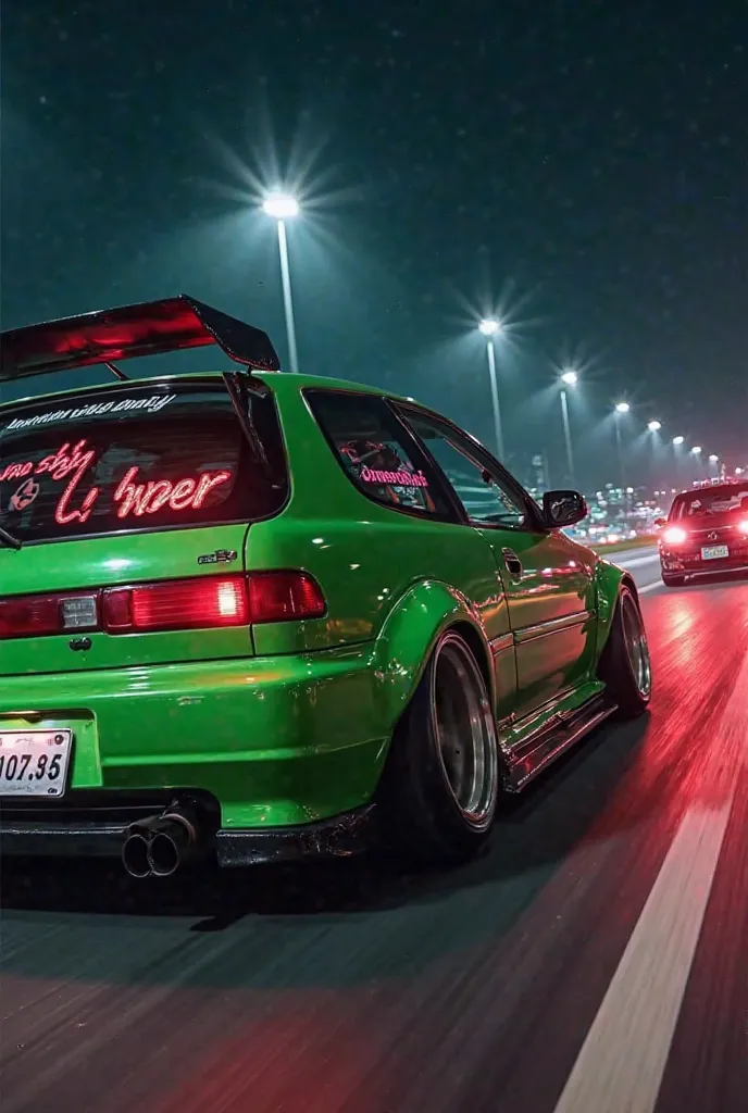 Rear bumper removed honda civic ek9 model car in green and rear window "This diesel makes you sad" says night highway racing themed and next to another powerful car