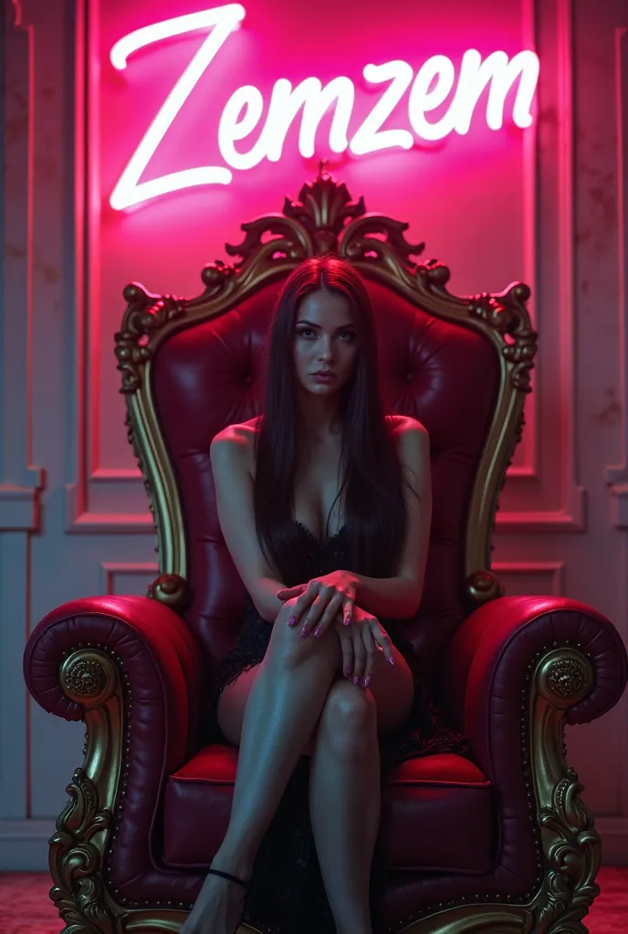 Neon Zemzem on the wall behind it. Beautiful brunette indoor woman sitting on a throne and facing me. Neon Zemzem lettering on the wall