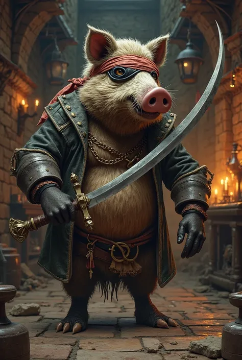 A rogue wild boar with ,, A curved sword in his hand a pirate blindfold on the eye funny Pixar humor full body seen from a distance setting a dark and dangerous medieval tavern 