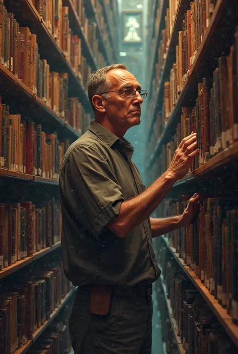 image where a man is looking for the book of the Bible in a library and is finding it where all the fantasy books are found and is on a par with the Harry Potter book?

