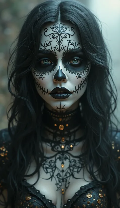 Closep up front face A beautifully detailed goddess Hel with makeup inspired by “La Catrina”, traditional icon of the Mexican Day of the Dead. Her black hair and pale white skin Her reflective and intricate eyes sparkle subtly as she offers an enigmatic vi...