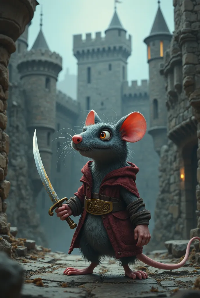 Un  rat voyou  avec ,, A curved sword in his hand a pirate's eye funny Pixar humor full body seen from a distance setting a dark and dangerous medieval castle 