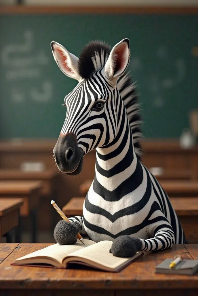 A zebra on a desk writing down in a notebook at school