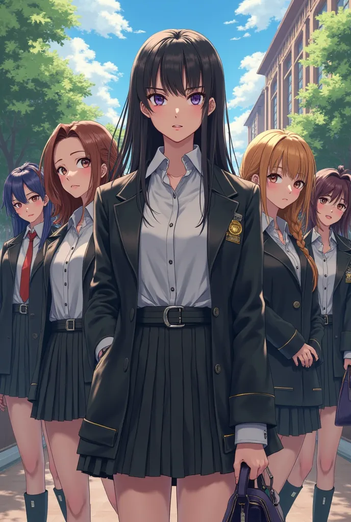 A mean looking popular schoolgirl that gives off bully vibes, wearing expensive clothes and surrounded by her group of other girls. Anime style.