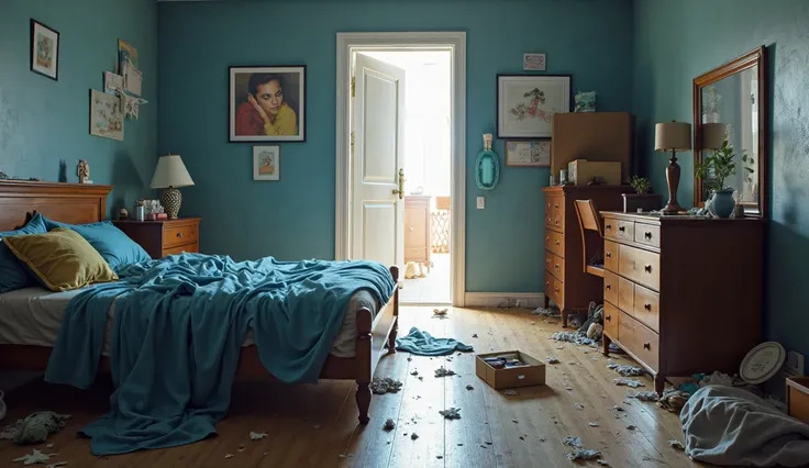 a 3D, Wide,  with a few pieces of clothing scattered, on the left side an untidy bed with a wet blue towel on top, Briefs box on the floor, the door opened in the center giving a view from the inside