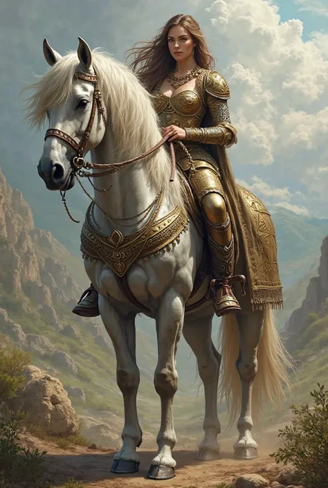 make a creature with the head of a human woman, the torso of a human woman and the waist down of a horse. The human woman body part is of a strong, feminine, curvy woman and is dressed in the clothes of a medieval warrior woman. The horse part has horse ar...