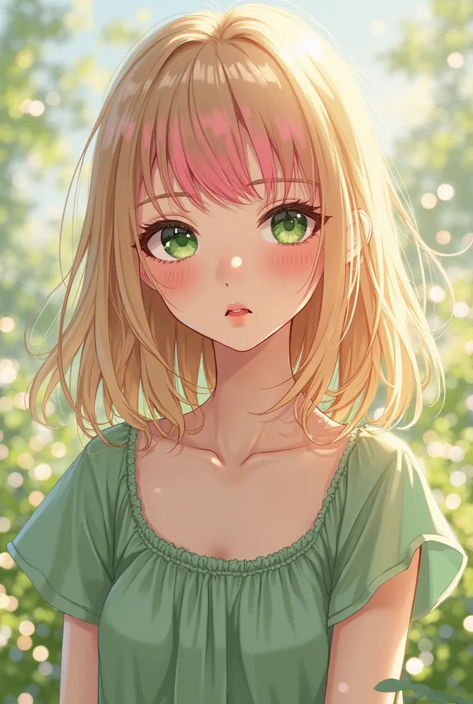  girl, medium length straight dark blonde hair, her bangs are pink, Beige skin, green eyes and average height, she wears a casual green dress. anime style.