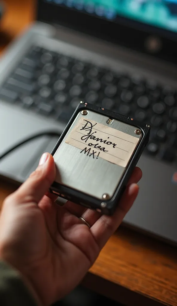 A close-up shot of a vintage external hard drive being held gently by a hand, showing it in perfect condition, with no scratches, dust, or visible wear. The hard drive has a custom handwritten label that reads ‘DJ Junior Olea Mix!’ in a stylish, casual fon...