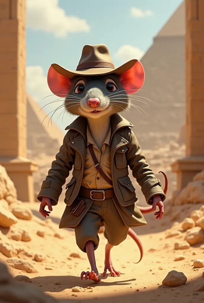 A rogue rat Indiana Jones funny humor Pixar full body seen from afar Egypt setting 