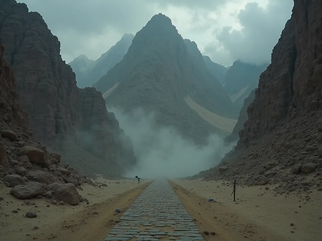 A mountain gorge in the middle of the desert, mysterious, dark, scary, skeletons buried in the sand, a path of sand bricks leading to the highest mountain located in the center of the valley, a thin layer of smoke on the ground, fog.