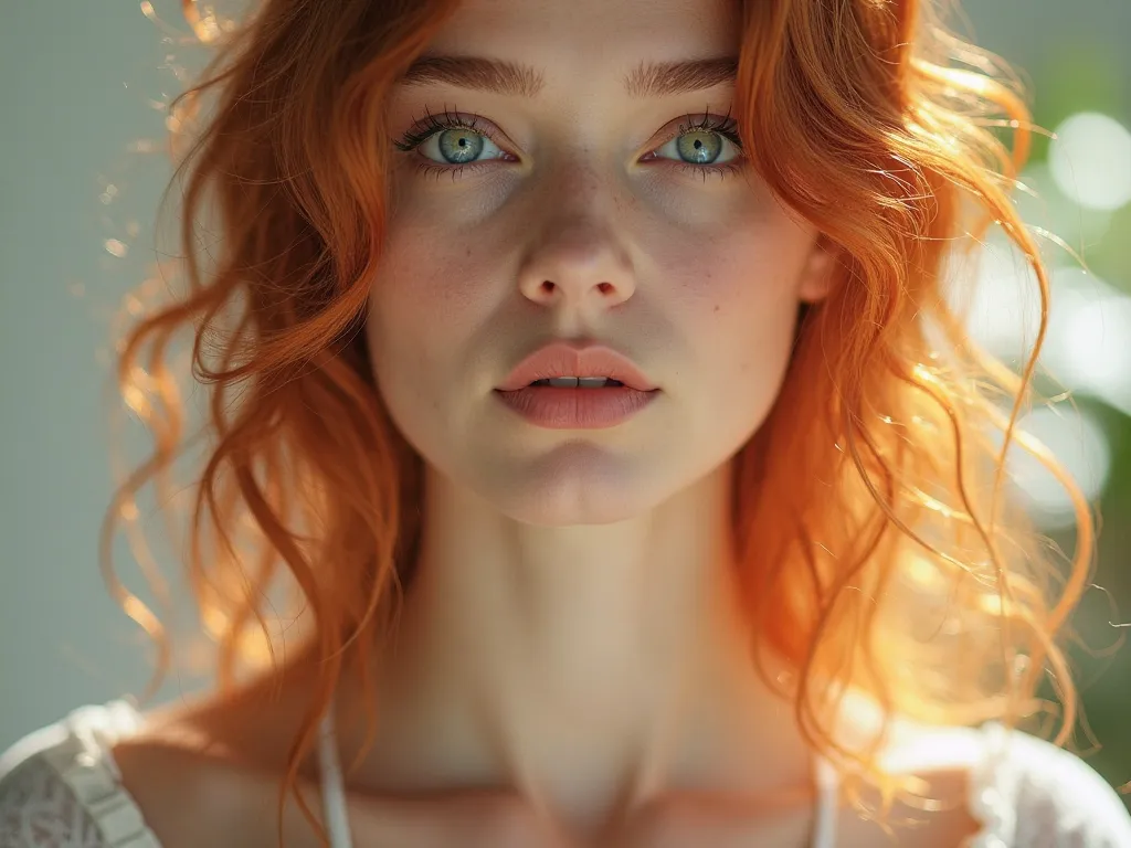 A close-up of a woman with red hair, blue eyes, and natural makeup, wearing an off-shoulder white top in soft natural lighting.