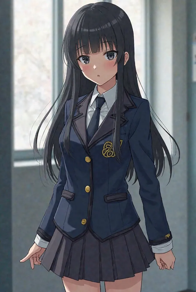 Anime girl long straight black hair with straight bangs dark black eyes, Like a cat , dressed in the uniform asymmetric dark blue short jacket with high collar ,and two swirl buttons on the left side , wearing a white button-down shirt tucked into the skir...