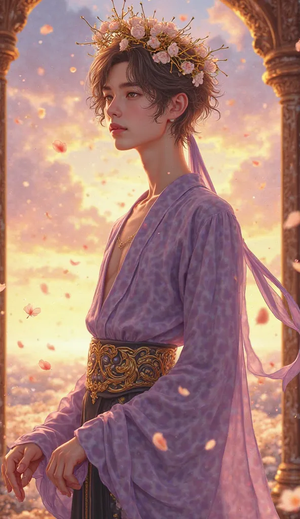 A highly detailed digital anime-style realistic illustration of Ethan Roselièr, immortalized in a grand painting. He is standing on an elevated wooden stage, under the soft glow of the setting sun. The sky behind him is a mesmerizing gradient of peach, lav...