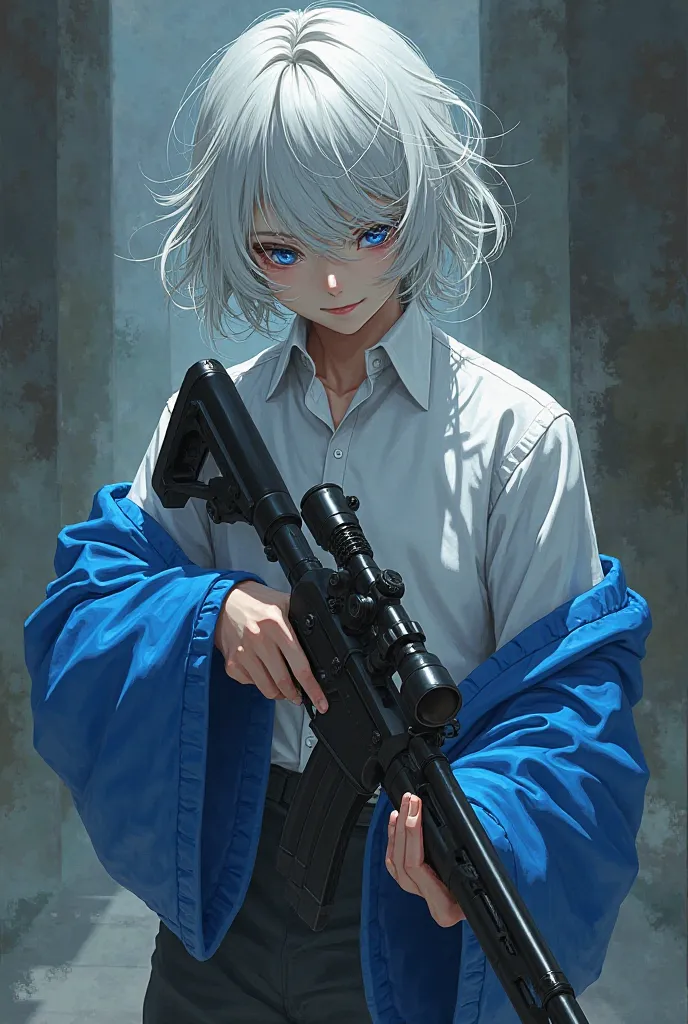 An anime boy has thick white hair and white skin. There is a bandage on his head covering his eyes and head. He wears a white blouse and blue sleeves. He stands while holding a sniper 