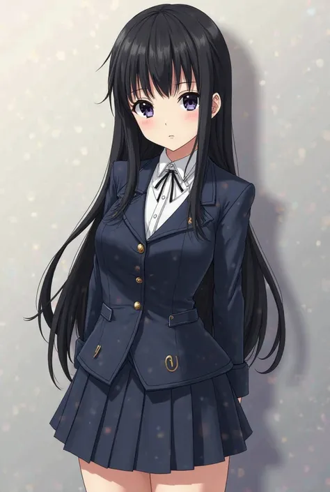 Anime girl long straight black hair with straight bangs elongated dark black eyes  , dressed in the uniform asymmetric dark blue short jacket with high collar ,and two swirl buttons on the left side , wearing a white button-down shirt tucked into the skirt...