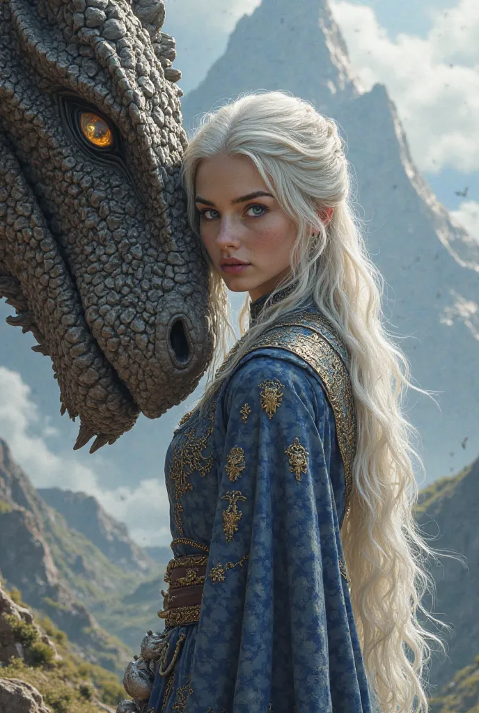 Create an image of a platinum-haired woman from the Targaryen family wearing a royal war dress, Young Woman Close to Dragon 