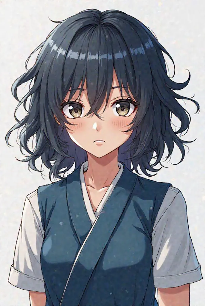 Adult female anime character, average height, serious attitude, tall and with curly and blue-black hair . Her eyes will have heterochromia and one will be brown and the other a little gray . Drawing style similar to that of Jujutsu Kaisen . The girl will w...