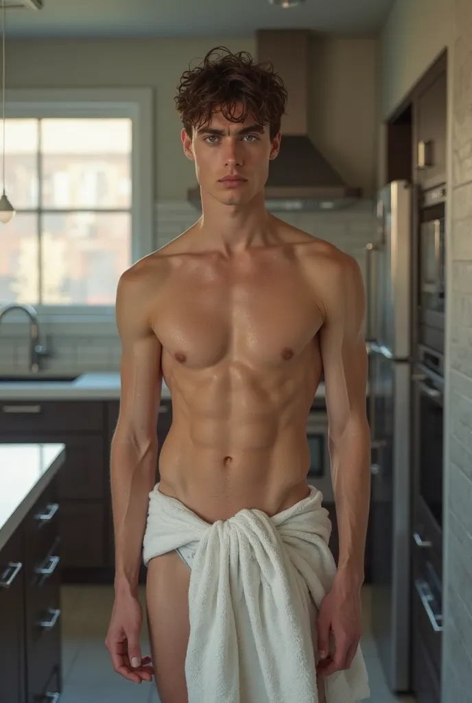 create a realistic image of a boy , Young, 21 year old man, thin, standing in a kitchen , dressed only with a bath towel. Seminu