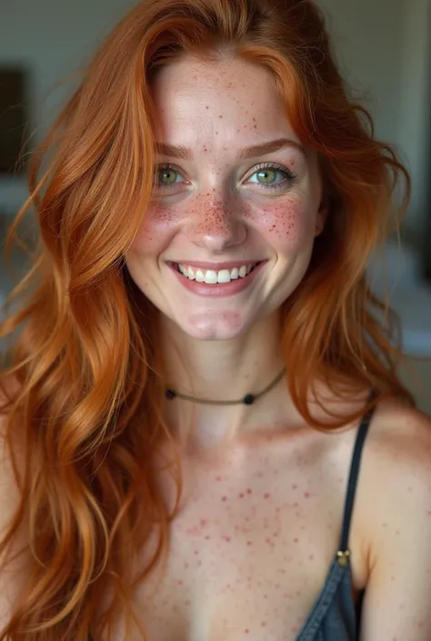 Portrait of a very beautiful and very sexy redheaded woman with clearly visible freckles on her face and shoulders, Long wavy hair, Green Eyes, expressive look and sweet smile. Simple and simple background.