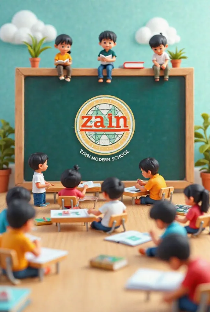 A tiny figures-style illustration featuring the Zain Modern School logo prominently displayed in the center. Surrounding the logo, miniature students and teachers engage in educational activities like reading, writing, and interactive learning. The logo ap...