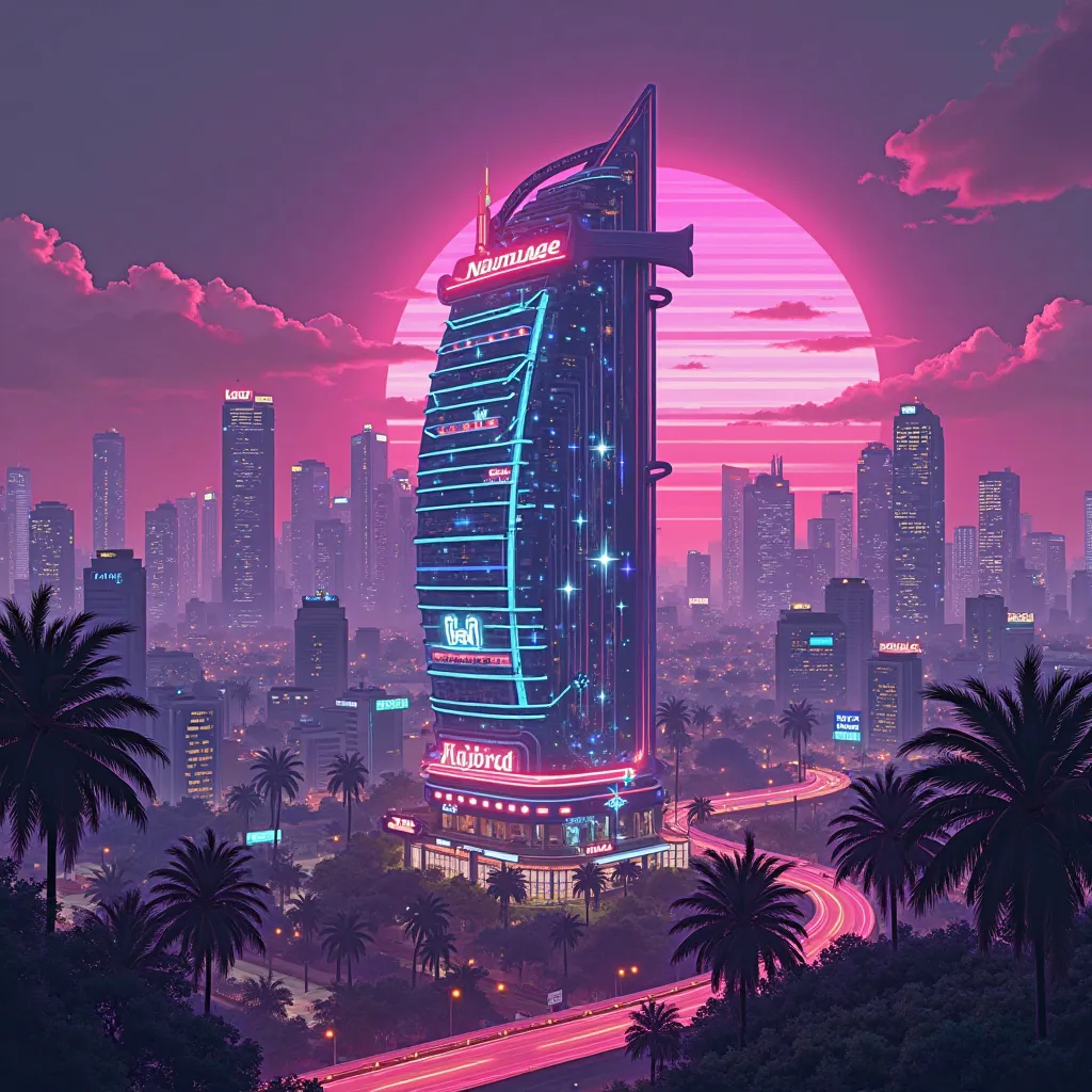 Neon Vaporwave hotel, Miami sunset vibes, Night city landscape at purple neon, Retrowave Digital Art Synthwave, Vaporwave aesthetic wallpaper, Retro Vaporwave Wallpaper, (masterpiece), (best quality), (super detailed)