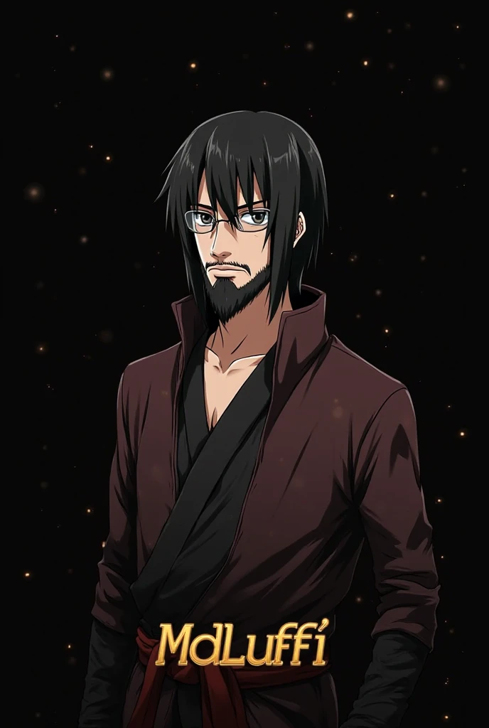 Create an image of an anime-type boy, mid-chested, with a black beard, black eyes, glasses, straight hair, wearing an Akatsuki outfit, with the word MDLuFFi in gold letters drawing attention on a black background.