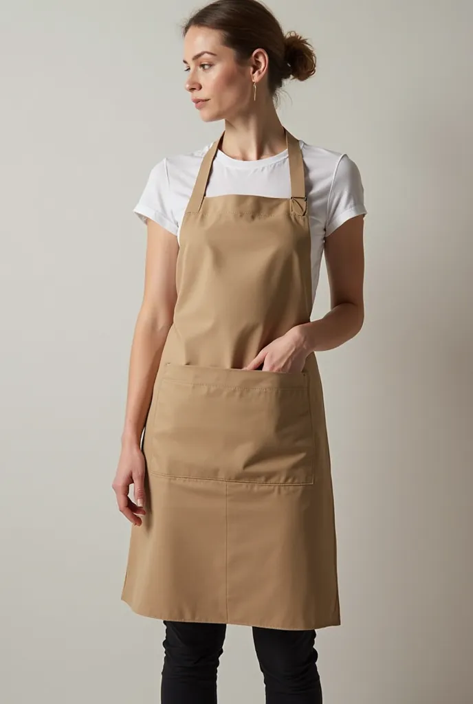 Create an apron in khaki, modern, with a shape that covers the butt and that can be used in bakeries and snack bars.