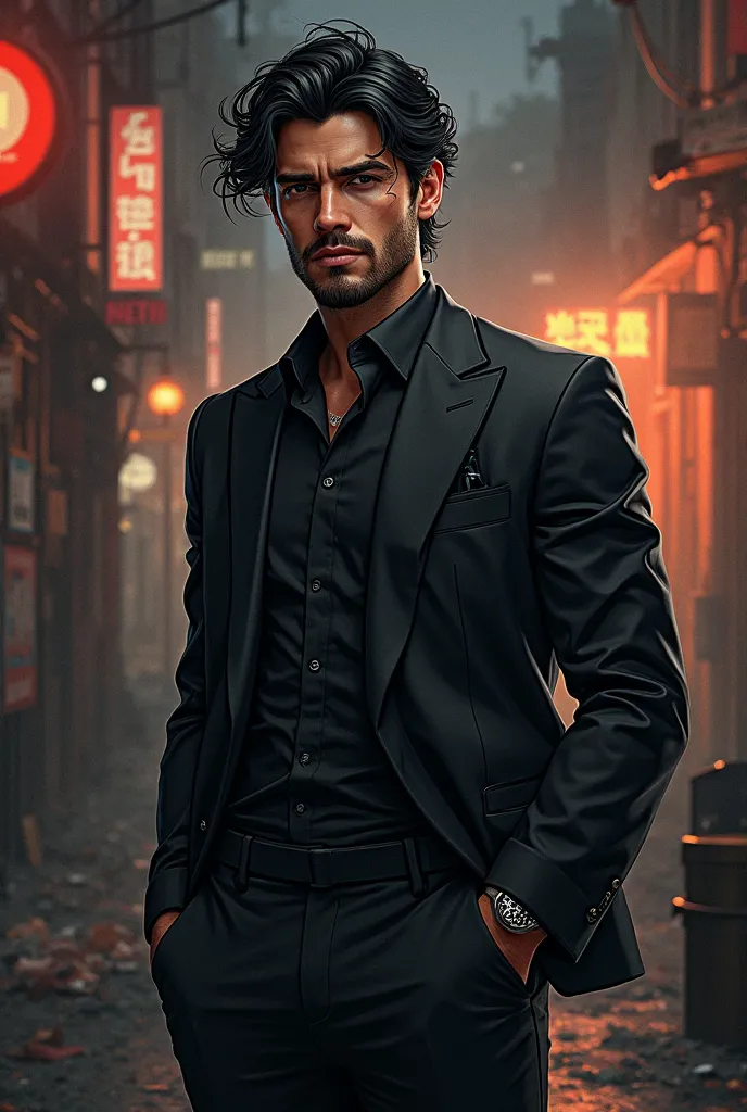 Play a 27-year-old male character with medium-wavy black hair and black eyes, He has an unfinished beard and wears an all-black suit, She has an athletic body , Trait of comic books and comics