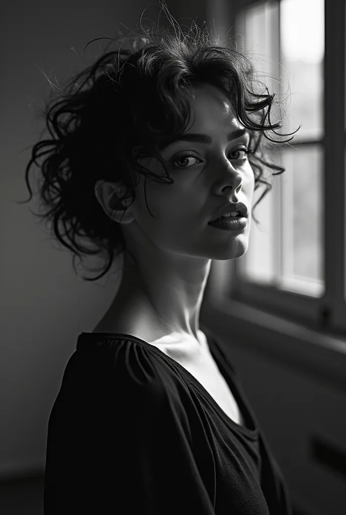 black and white photography, fashion editorial, portrait of beautiful woman studio lights in Alain Laboile style, high definition, realistic photo,  professional photography scattered under the surface,  cinematic angle , dynamic light shines in the back,