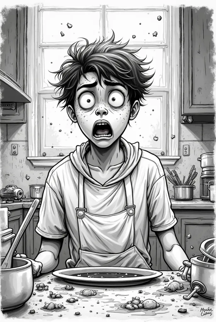 A black-and-white ink-style drawing of Realizing you're an adult when you attempt a “simple” recipe and it turns into a 45-minute kitchen disaster.