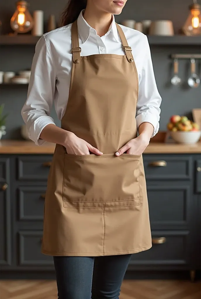 Give me apron options in the color khaki, which have a model that covers the back of the person who is wearing it.