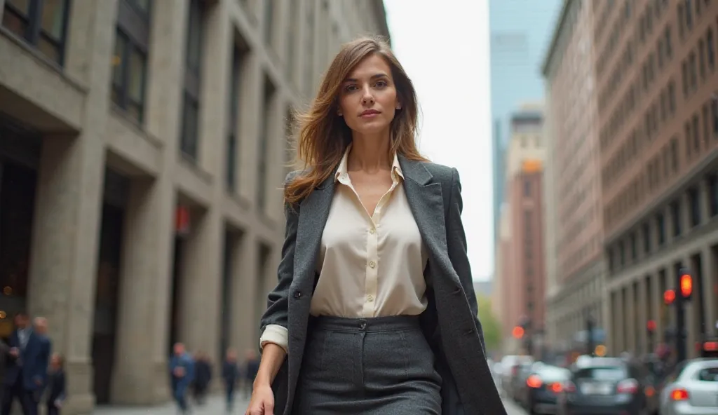 . A confident woman walking through Boston's financial district wearing a stylish charcoal pencil skirt and cream silk blouse, tall buildings in background, projecting determination and purpose as she heads to her attorney's office.
