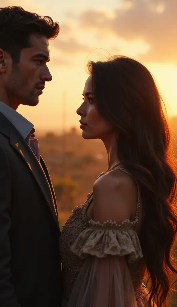 A stunning woman with long brown hair in profile, while a dark-haired man admires her from afar. The soft lighting of dawn enhances her natural beauty,  adding depth and dimension to the image .  panoramic image , hyper-realistic, with an elegant cinematic...