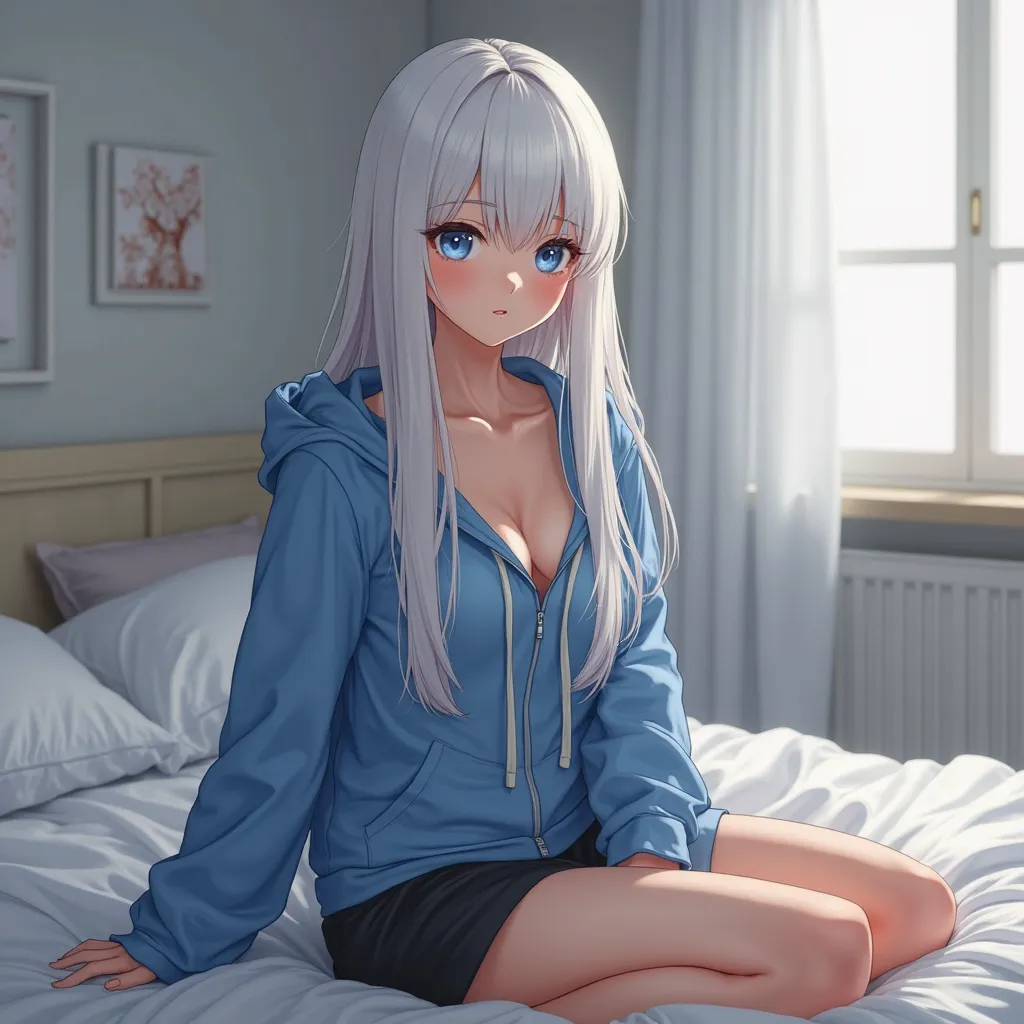 Create a  photorealistic girl sitting on the bed. She has white straight long hair down to her hips and blue eyes and is wearing a blue hoodie and black skirt. She should have big breasts . It should not be Asian or black 
