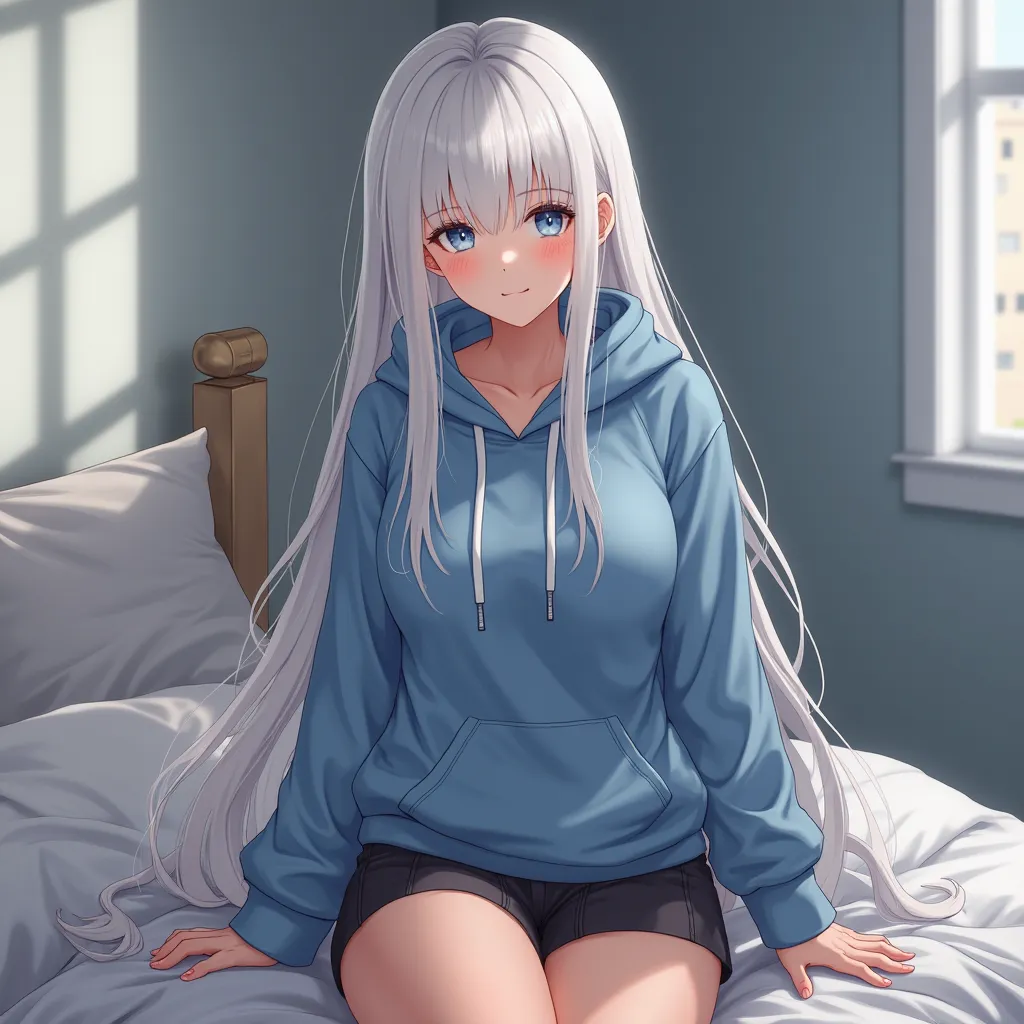 Create a  photorealistic girl sitting on the bed. She has white straight long hair down to her hips and blue eyes and is wearing a blue hoodie and black skirt. She should have big breasts . It should not be Asian or black 
