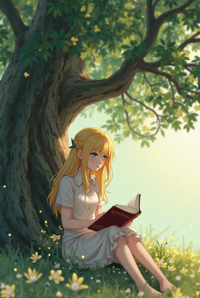 Naruto Shippuden female character girl with blond hair and blue eyes sitting under a tree reading 