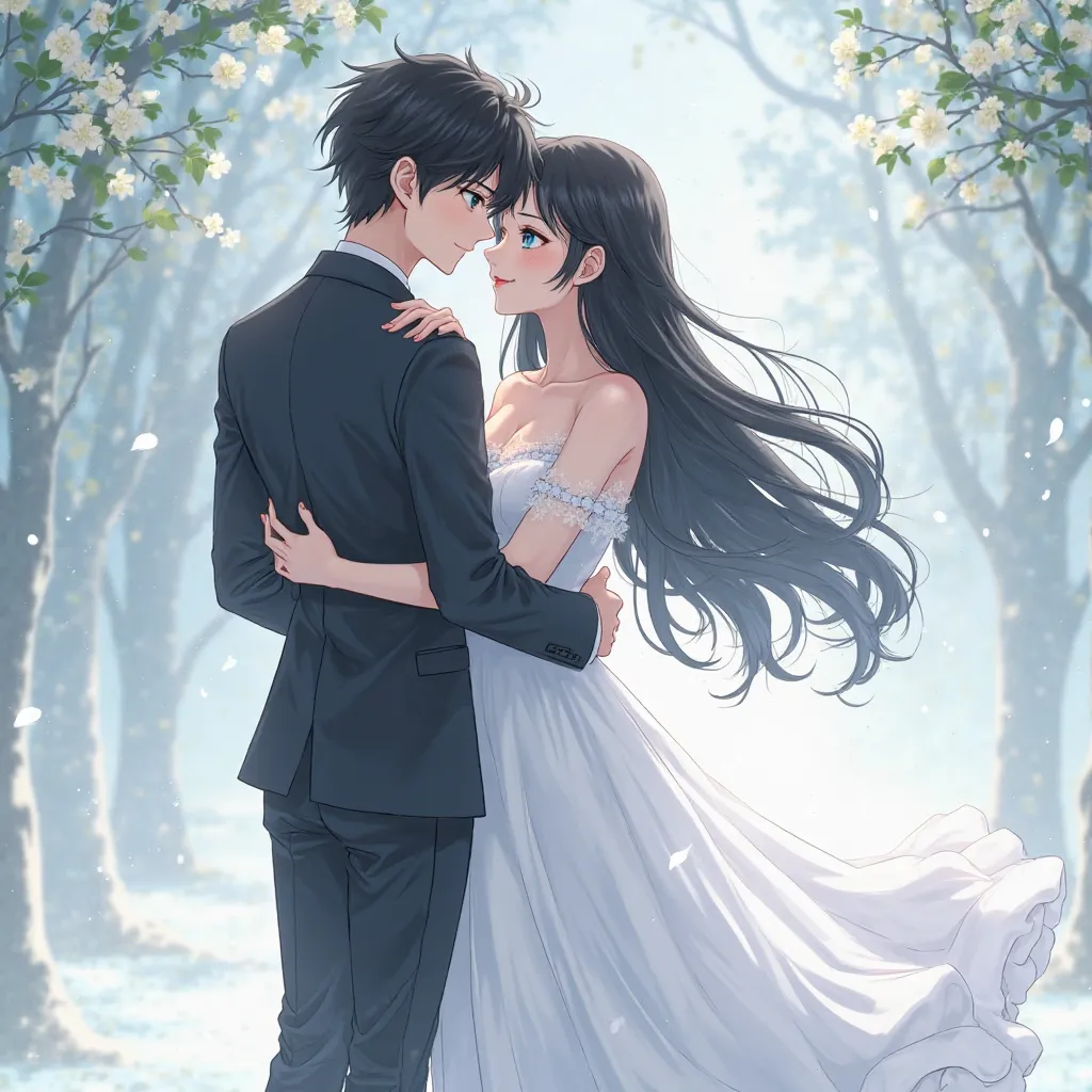 Anime couple, girl have blue eyes, long black hair, wearing white colour long gwon dress, adult body, breasts . Boy wearing black colour dress, black eyes and hair, put his hands on this girl's waist