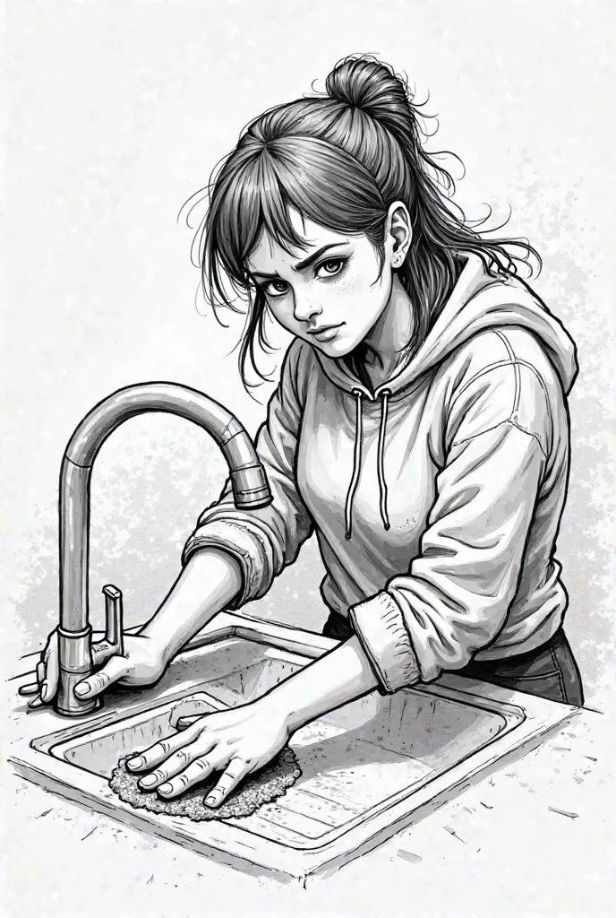 A black-and-white ink-style drawing of Cleaning your apartment and suddenly feeling like a motivational speaker: “If I can clean the sink, I can do anything!”