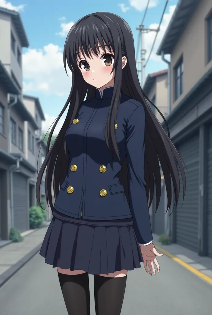 Anime girl long straight black hair with straight bangs elongated dark black eyes dressed in the uniform asymmetric dark blue short jacket with high collar and two swirl buttons on the left side and a short skirt up to the knees dark blue matching long bla...