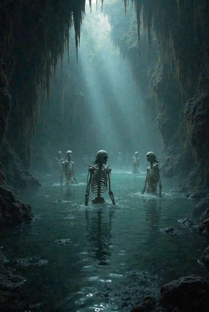 Subterranean lake with eerie, floating skeletons)