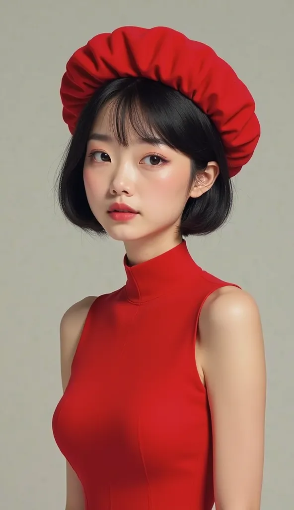 Ultra-realistic capture, Highly detailed, General view of a Japanese woman in her 20s with bobbed hair wearing a red sleeveless dress with a large red jelly bean shaped beret on her head.