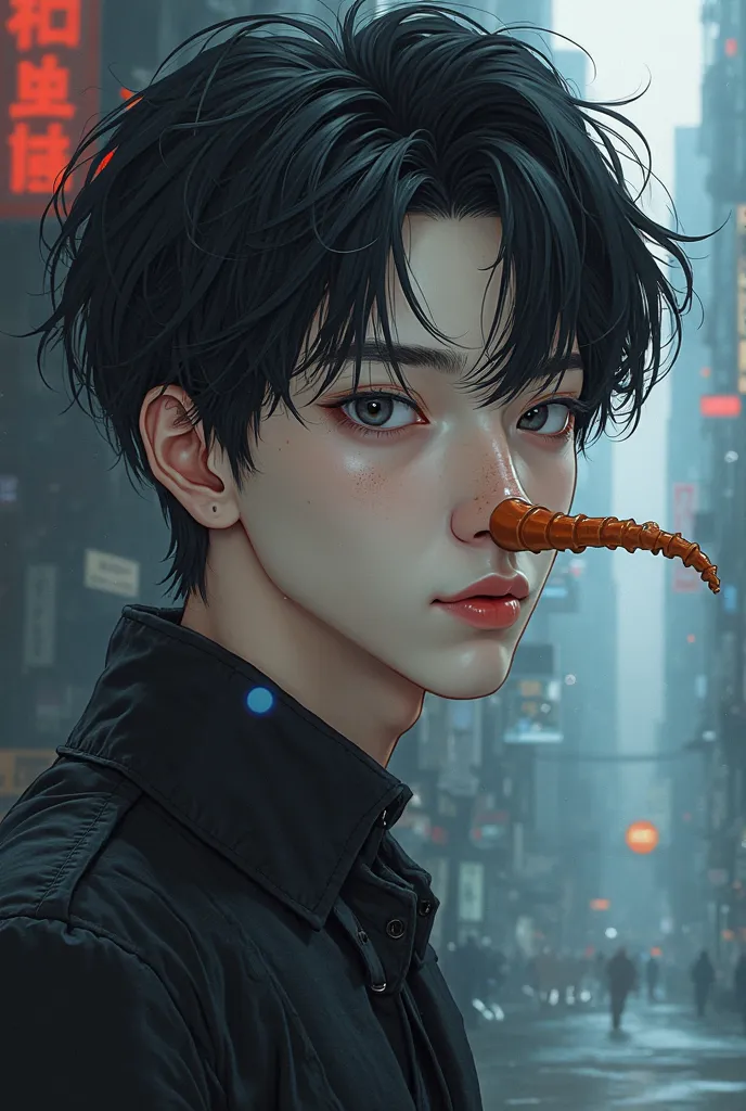  Korean manga style : A 26-year-old boy with white skin,blue eyes,Thin black hair, padlock beard ,a perfect mouth,long, fuzzy nose