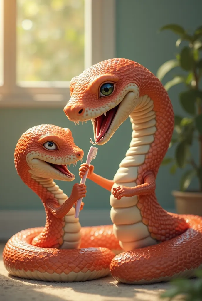 high quality, A beautiful cheerful snake mom and a snake daughter, brushing her teeth. both show their big teeth. The snake daughter shows a disgusted face.