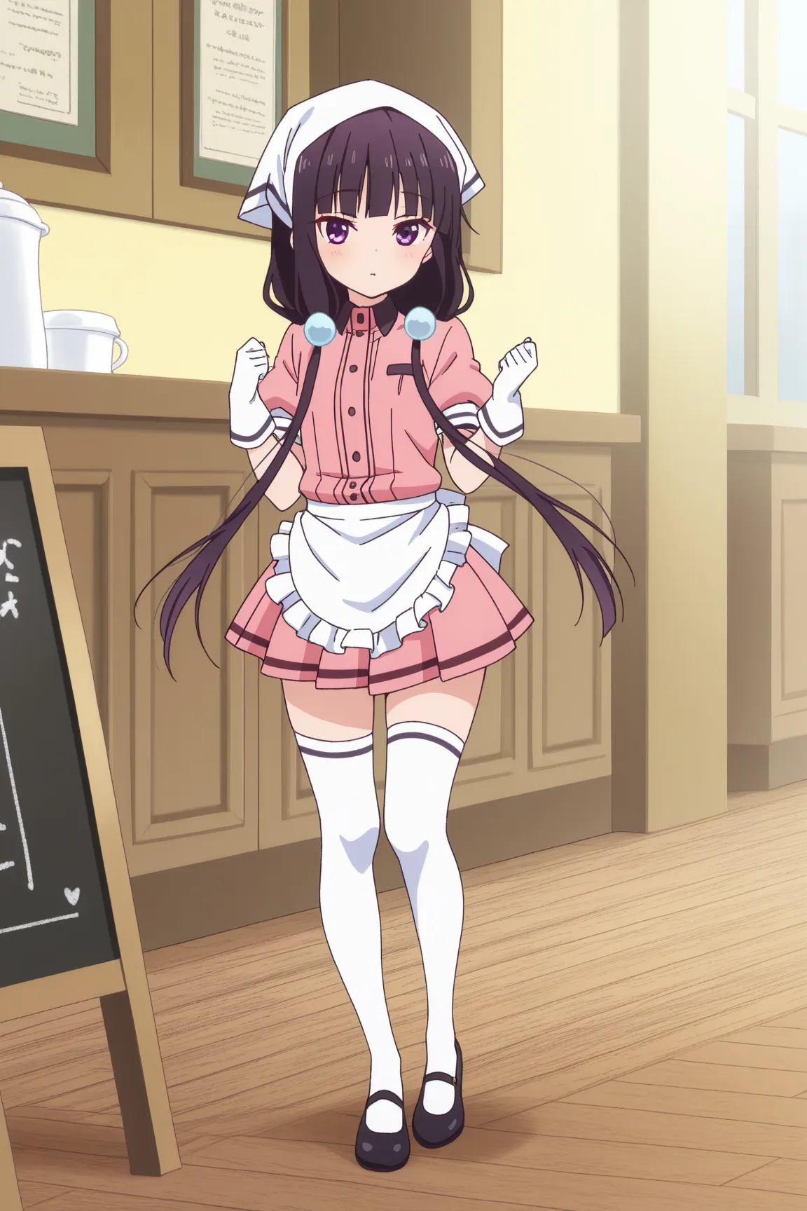 maika sakuranomiya, long hair, black hair, hair ornament, twintails, purple eyes, low twintails,skirt, shirt, thighhighs, gloves, short sleeves, pleated skirt, frills, shoes, puffy sleeves, white gloves, black footwear, uniform, apron, white thighhighs, pu...