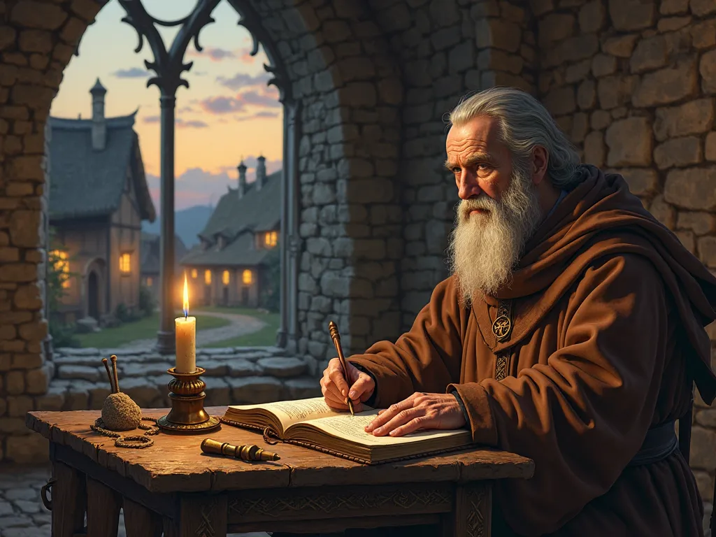 Old citizen monk writing in a leather book by candlelight in a monastery. European Medieval Village Monastery. Digital art.